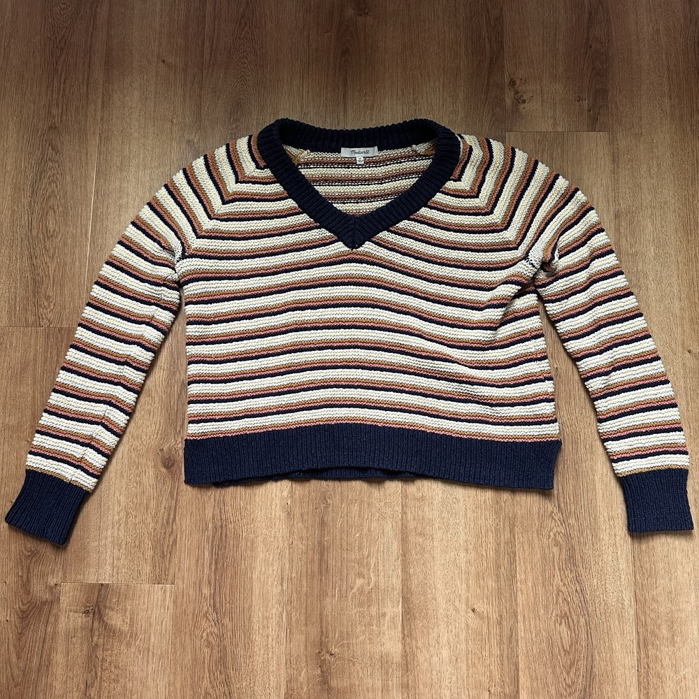 Madewell 100% Cotton Arden V-Neck Crop Pullover Sweater in Stripe Size XS